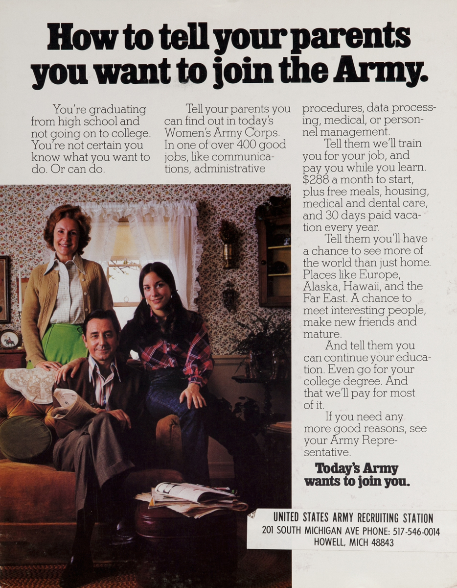 Today's Army - How to tell parents you want to join the Army. Vietnam War recruiting poster.