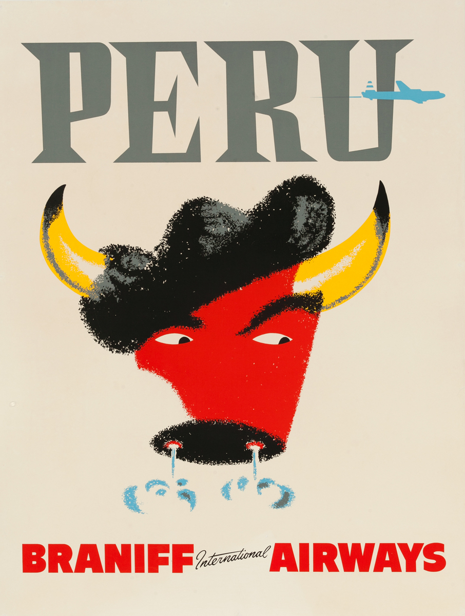 Braniff International Airways Original Travel Poster Peru Bull