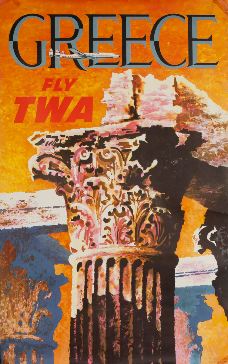 Greece Fly TWA Original Travel Poster Column Propellor Constellation