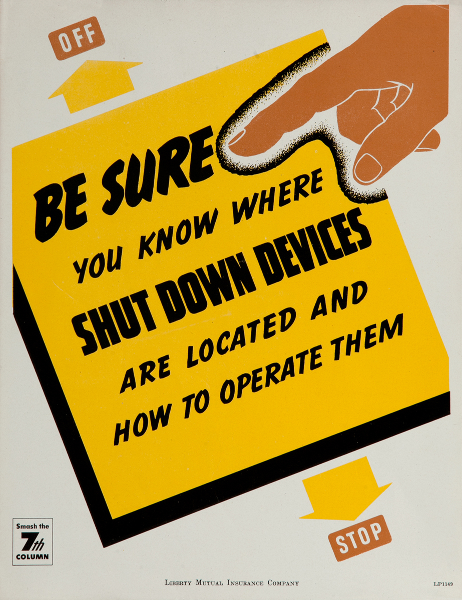Be Sure You Know Where Shut Down Devices are Located, WWII Liberty Mutual Insurance Company Poster  
