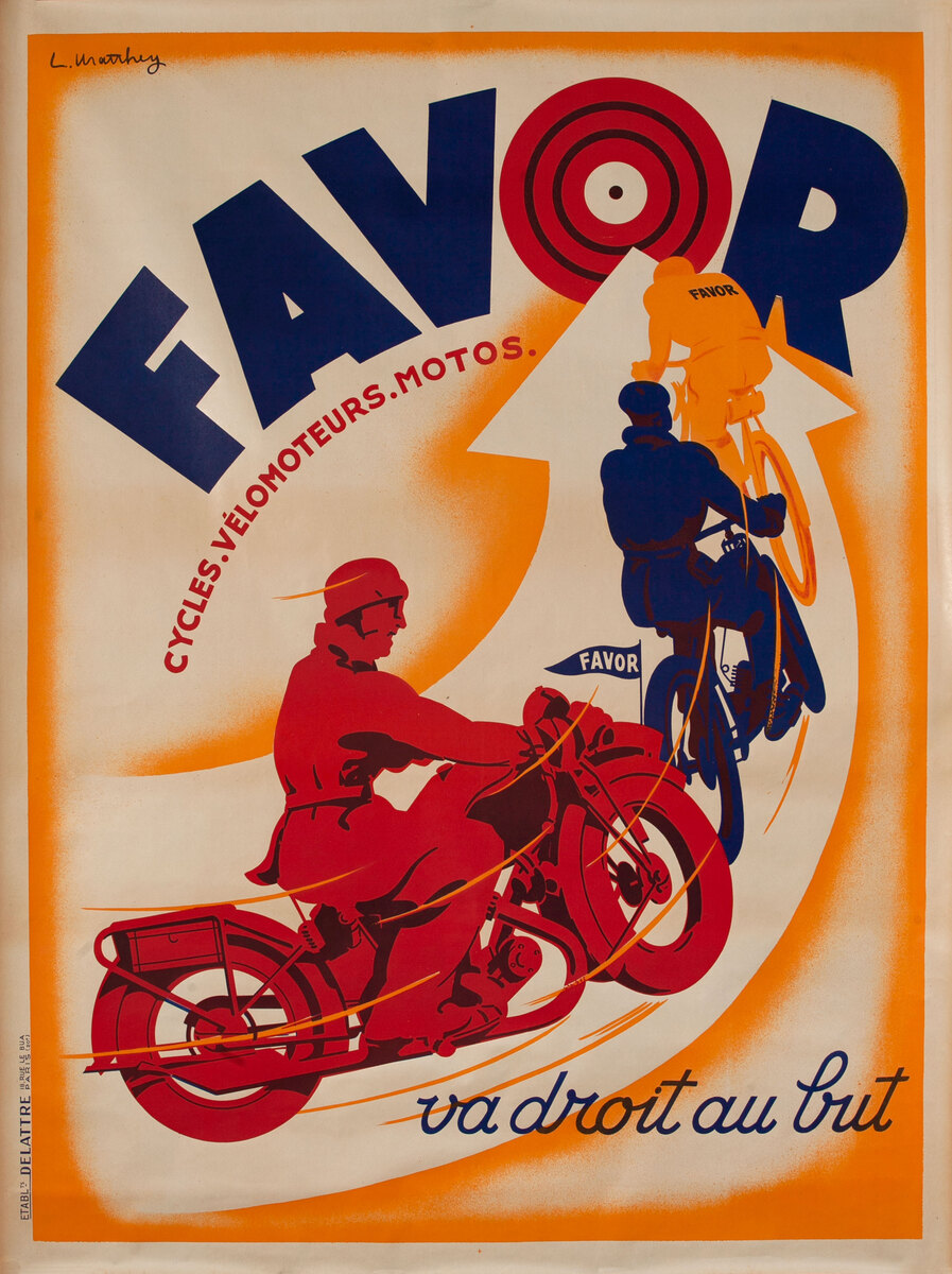 Favor Motorcycle and Bicycle Original Vintage Poster Bullseye