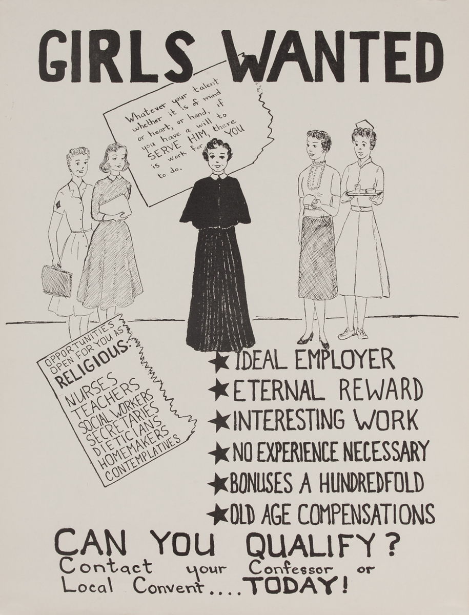 Girls Wanted - Can Yiou Qualify<br> Nun recruiting poster
