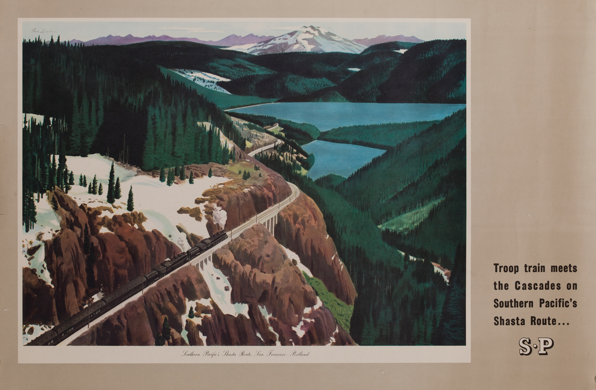 Southern Pacific Railroad WWII Poster, Troop trains meet the Cascades..