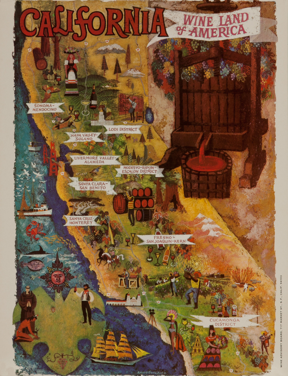 California WIne Land of America Advertising Poster State Map