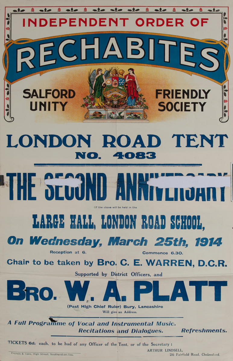 Independent Order of Rechabites Meeting Poster, London Road Tent, No 4083