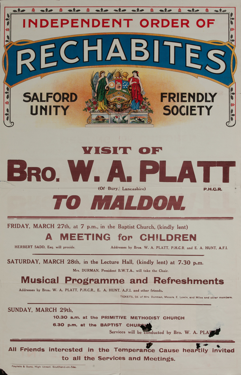 Independent Order of Rechabites Meeting Poster, Visit of Br. Platt to Maldon