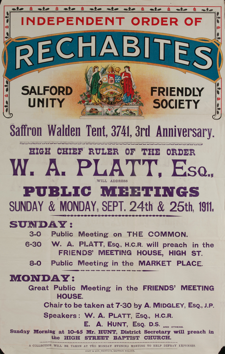 Independent Order of Rechabites Meeting Poster, W.A. Platt, Public Meetings