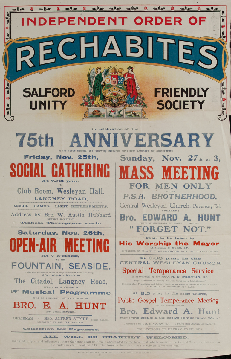 Independent Order of Rechabites Meeting Poster, 75th Anniversary Social Gathering