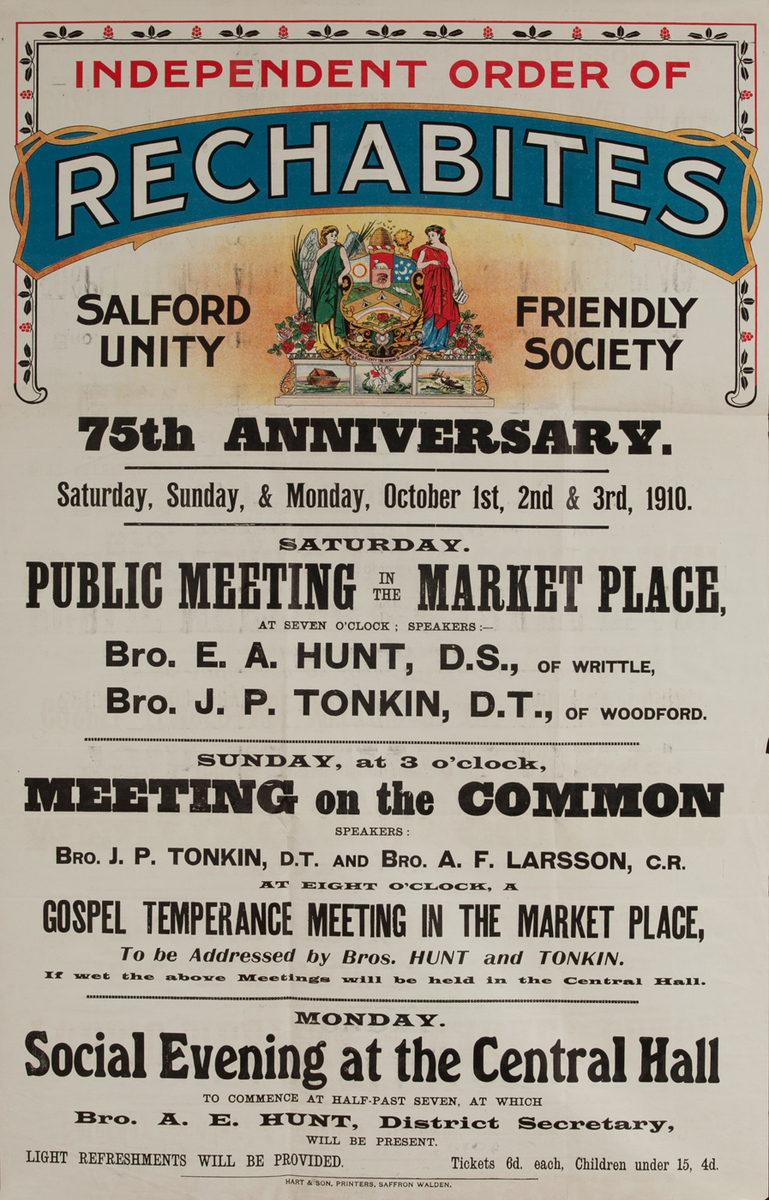 Independent Order of Rechabites Meeting Poster, 75th Anniversary Bro Hunt & Bro Tonkin