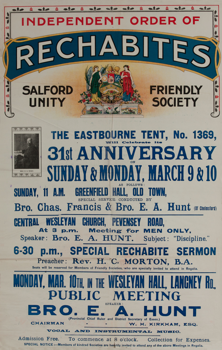 Independent Order of Rechabites Meeting Poster, Eastbourne Tent 31st Anniversary