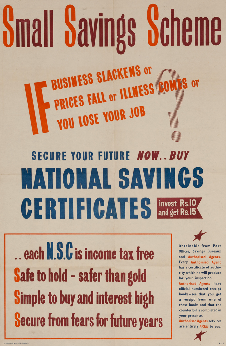 Small Saving Scheme Indian WWII National Savings Certificates Poster