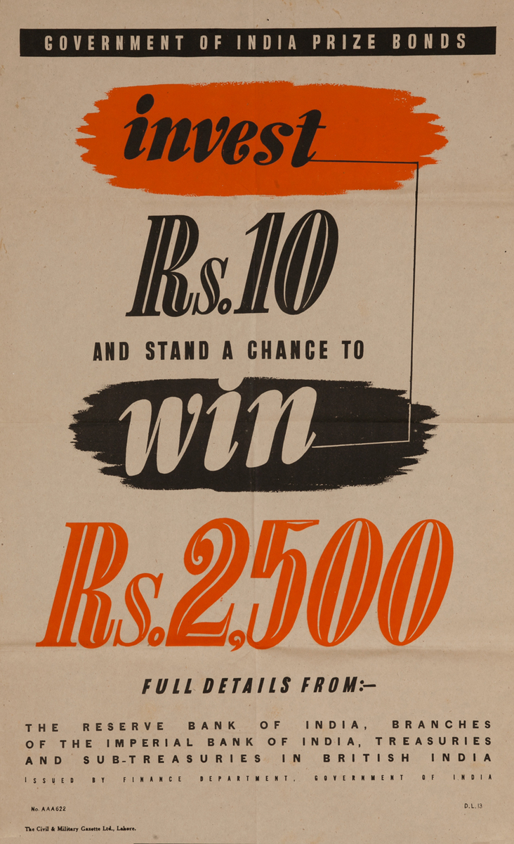 Indian WWII Bond Poster, Invest Rs. 10