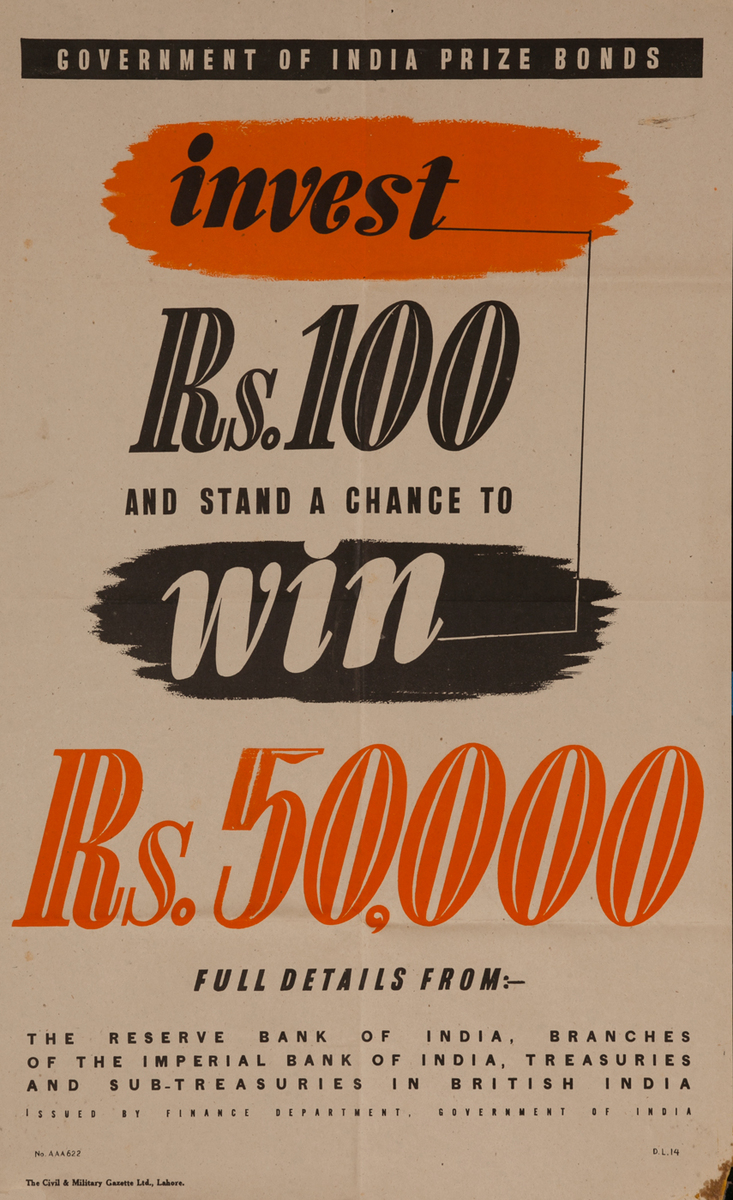Indian WWII Bond Poster, Invest Rs. 100
