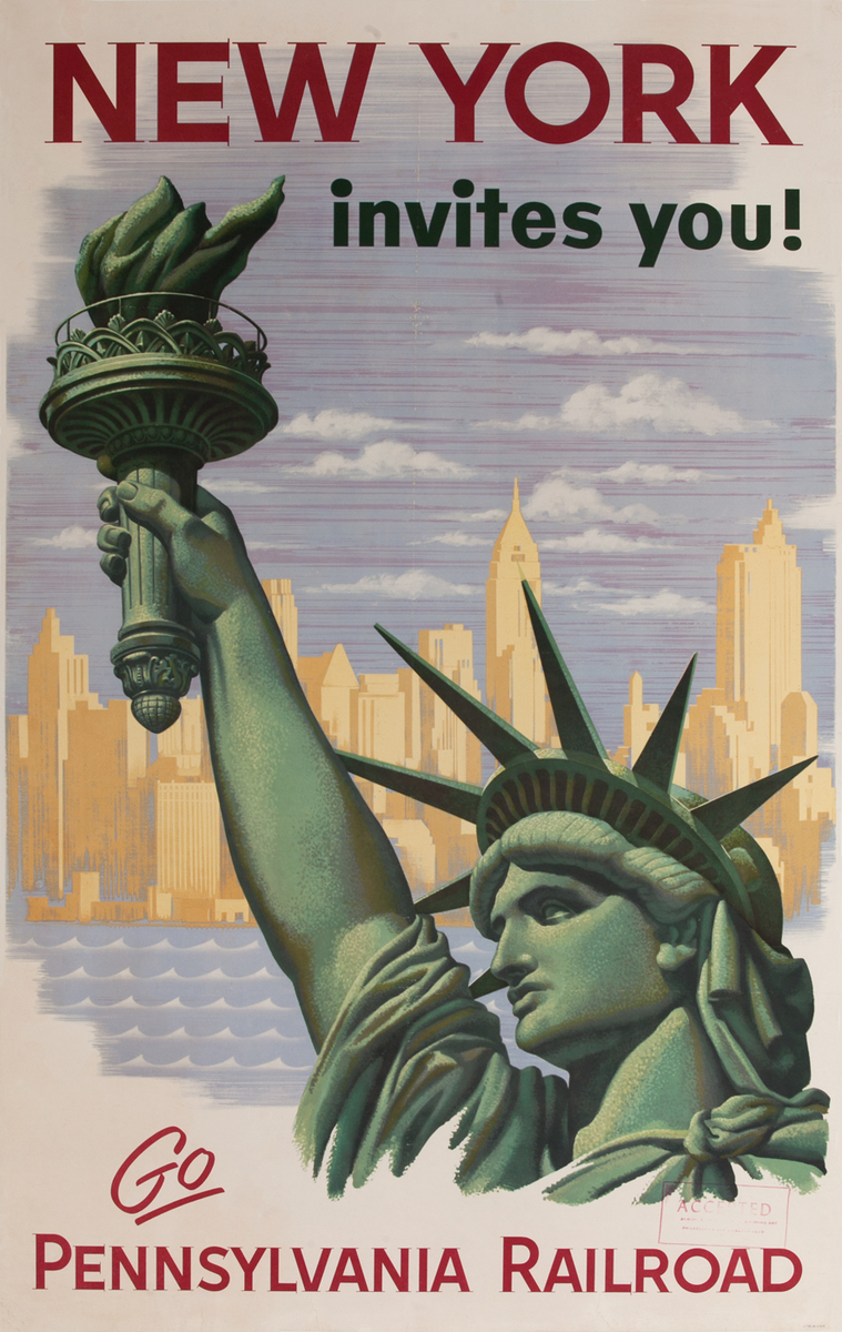New York invites you! Go Pennsylvania Railroad Travel Poster, Statue of Liberty