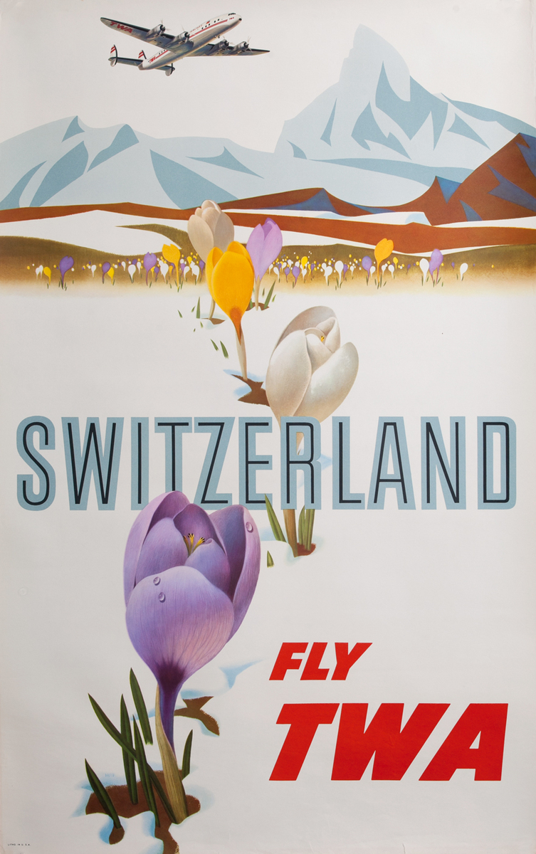 Switzerland Fly TWA, Trans World Airlines Travel Poster, constellation