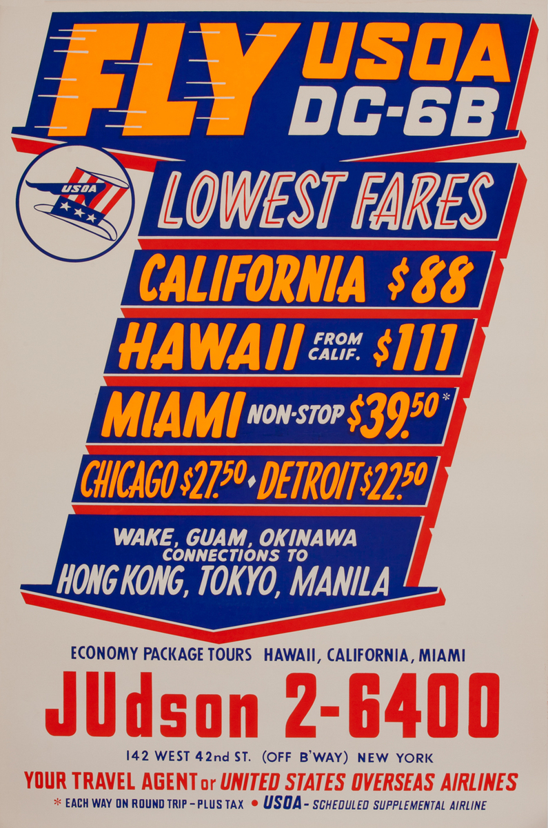 Fly USOA DC-6B, Lowest Fares<br>Travel Poster