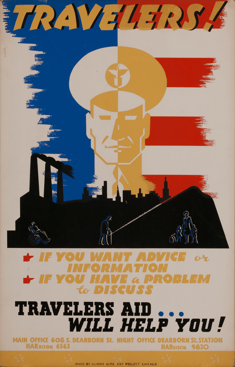 Travelers! / Travelers Aid . .  Will Help You!  WPA Silkscreen Poster