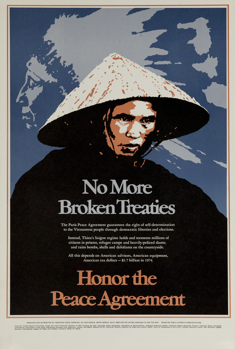 No More Broken Treaties - Honor the Peace Agreement anti-Vietnam War Protest Poster