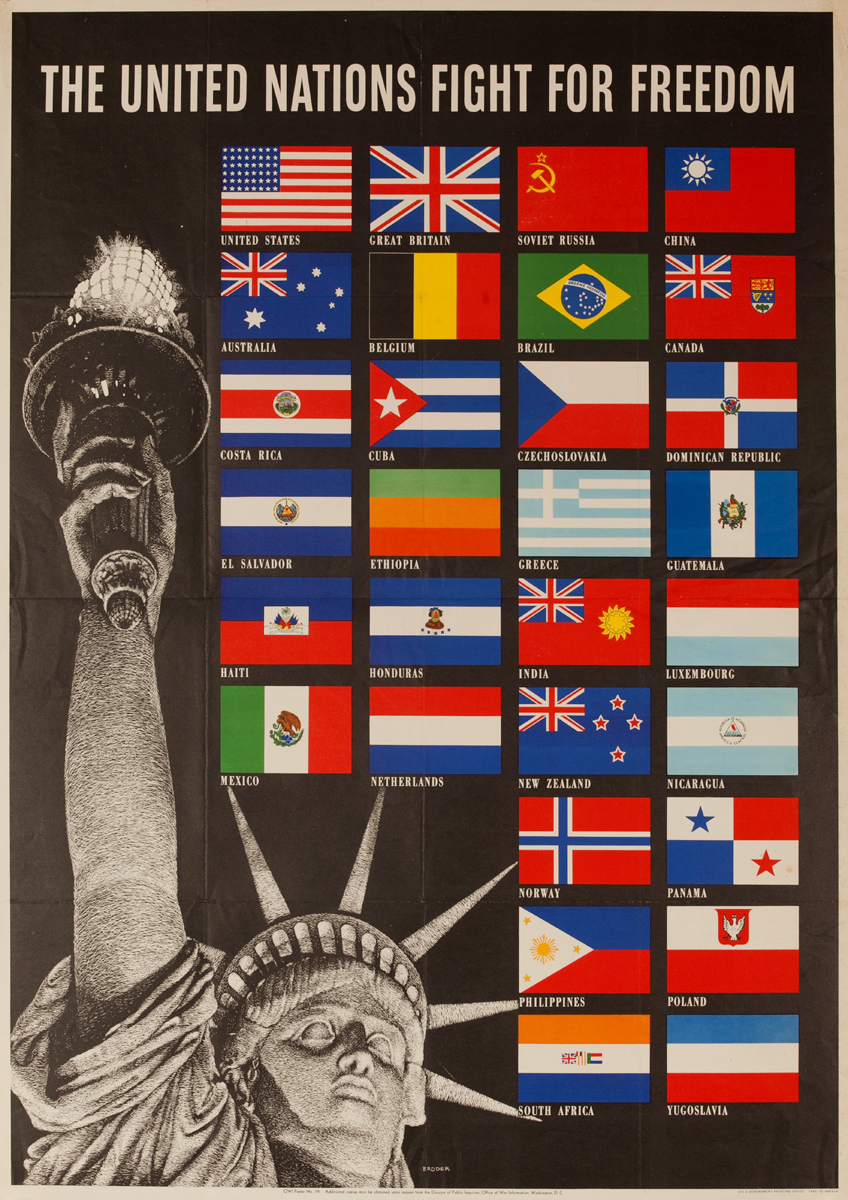 United Nations Fight for Freedom Original WWII Poster, large size