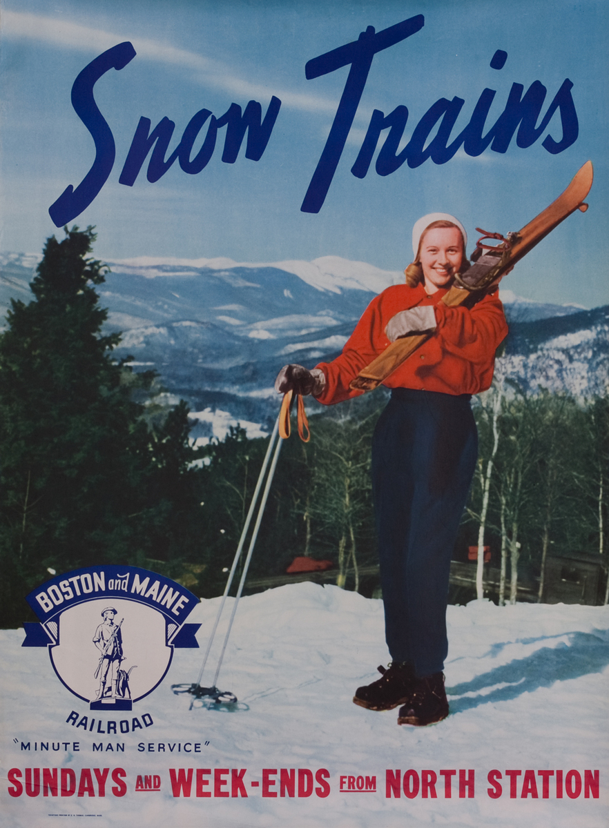 Boston and Maine Snow Trains, Minute Man Service, girl with skis over shoulder