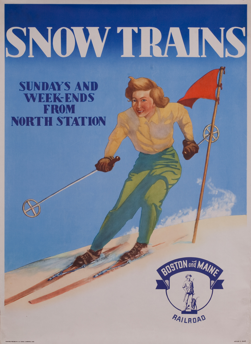 Boston and Maine Snow Trains, Minute Man Service, girl in yellow sweater slalom racing 