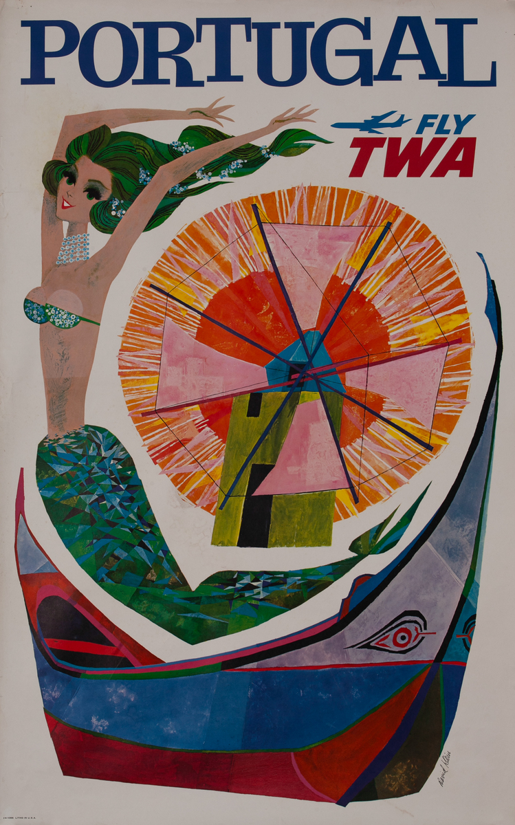 Portugal, Trans World Airlines TWA Travel Poster, mermaid windmill