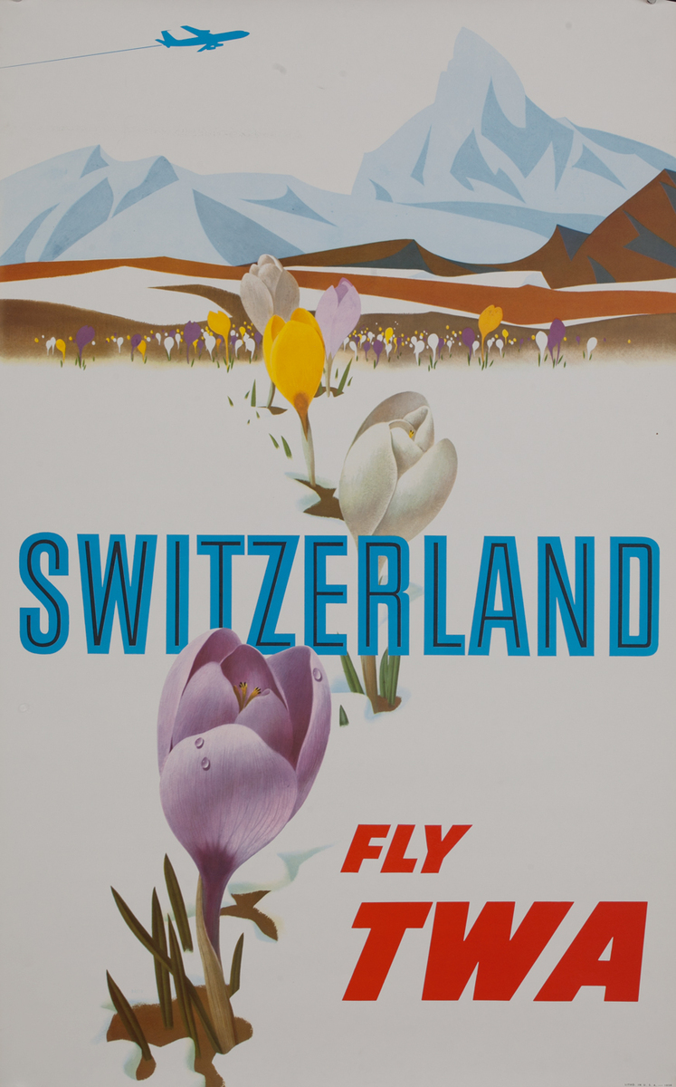 Switzerland Fly TWA, Trans World Airlines Travel Poster, jet
