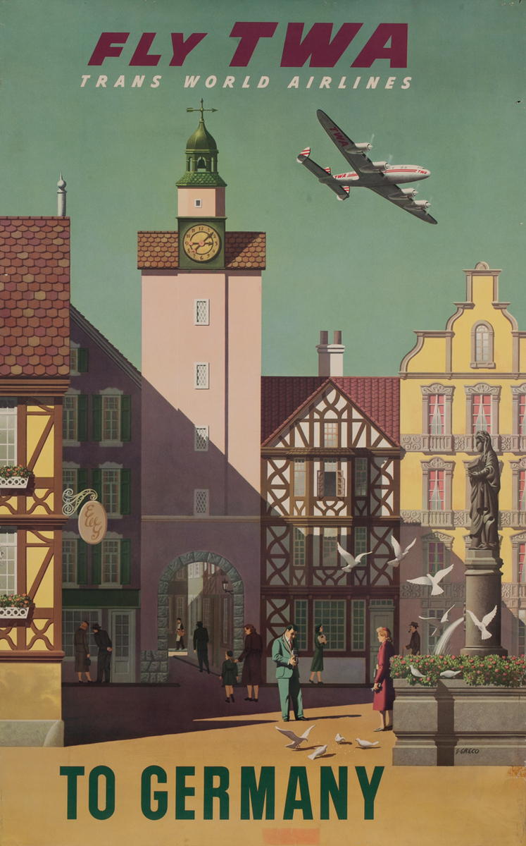 Fly TWA Trans World Airlines to Germany, town scene