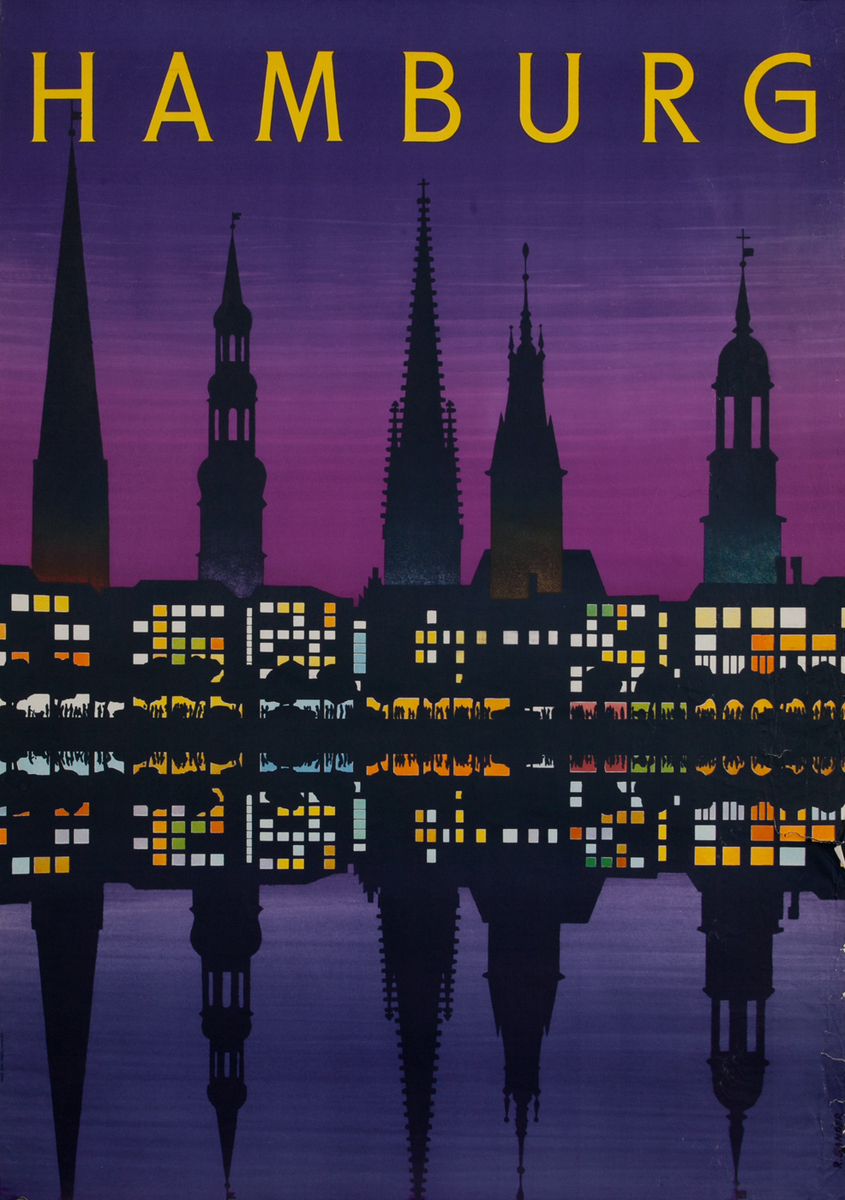 Hamburg Gerrmany Travel Poster, sunset town scene