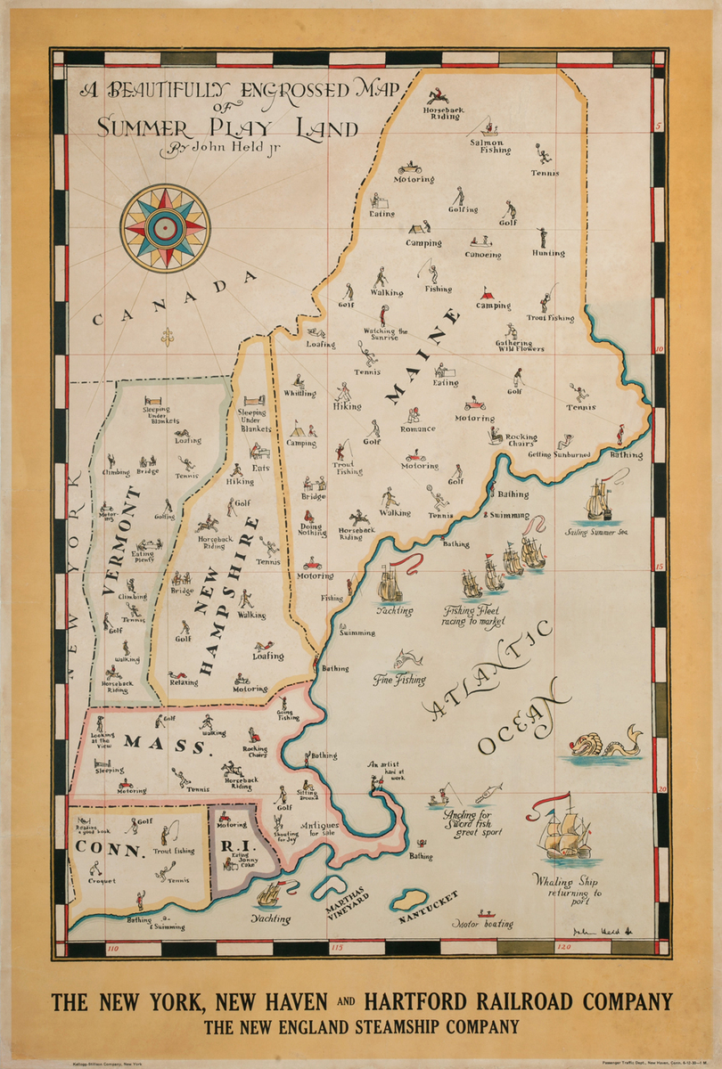A Beautifully  Engrossed Map Of Summer Play Land - The New York, New Haven & Hartford Railroad Company 