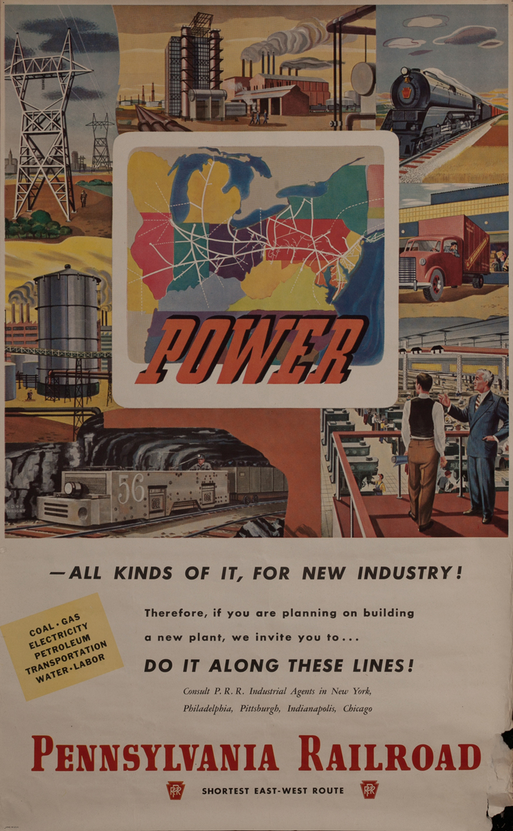 Pennsylvania Railroad Travel Poster, Power - All Kinds of It, For New Industry!