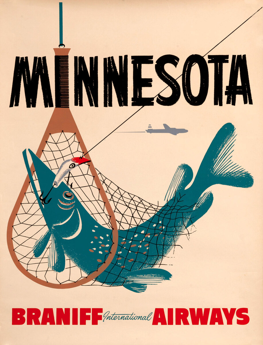 Braniff International Airways, Minnesota Travel Poster, fishing