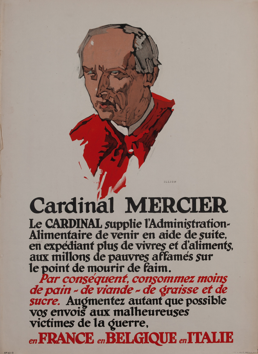 Cardinal Mercier WWI World War One United States Food Administration Poster, Italian Language
