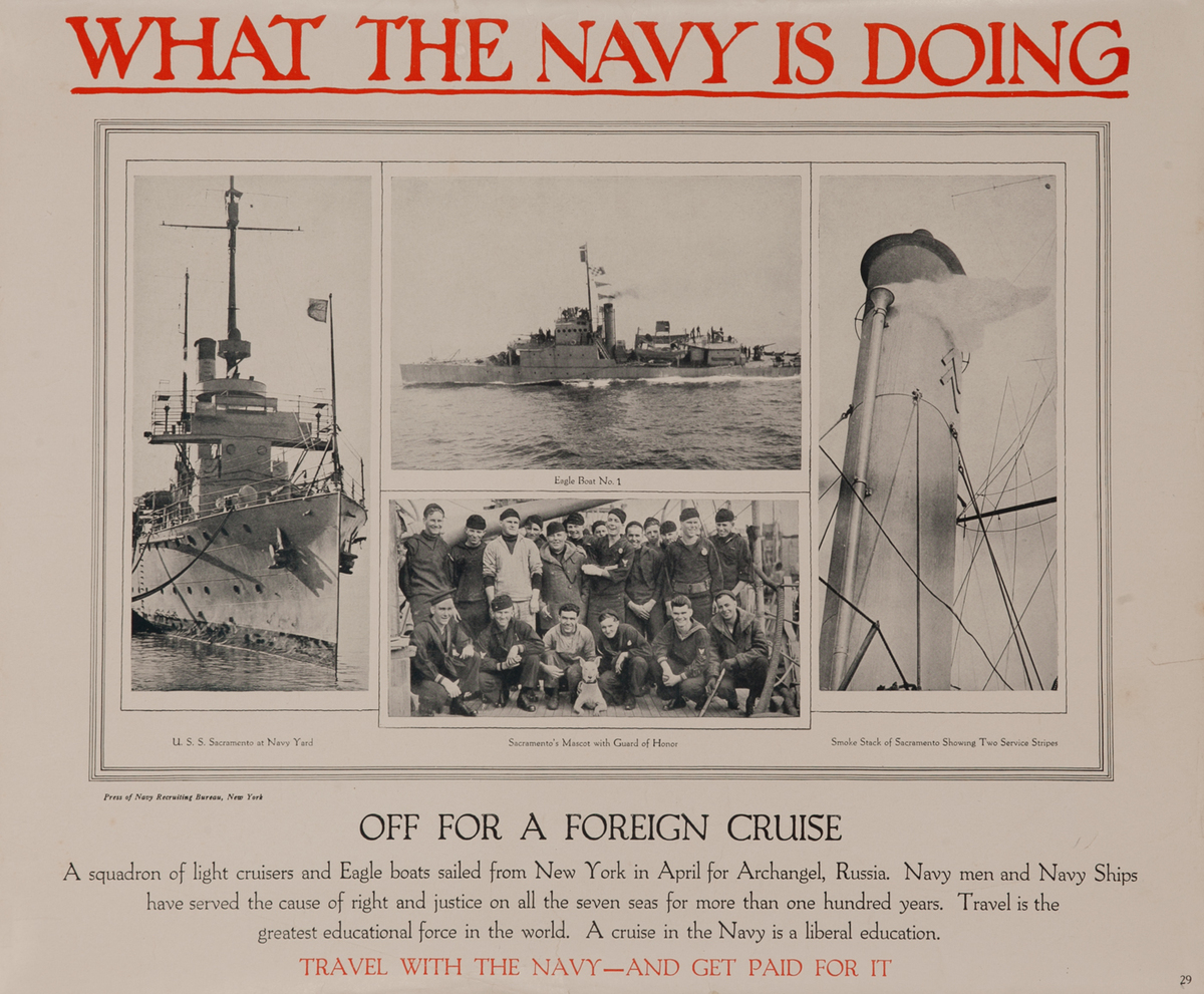 What the Navy is Doing - Off For a Foreign Cruise WWI American Recruiting Poster
