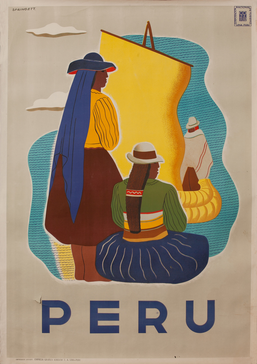 Peru Travel Poster, Women in Traditional Costumes with Reed  Boat