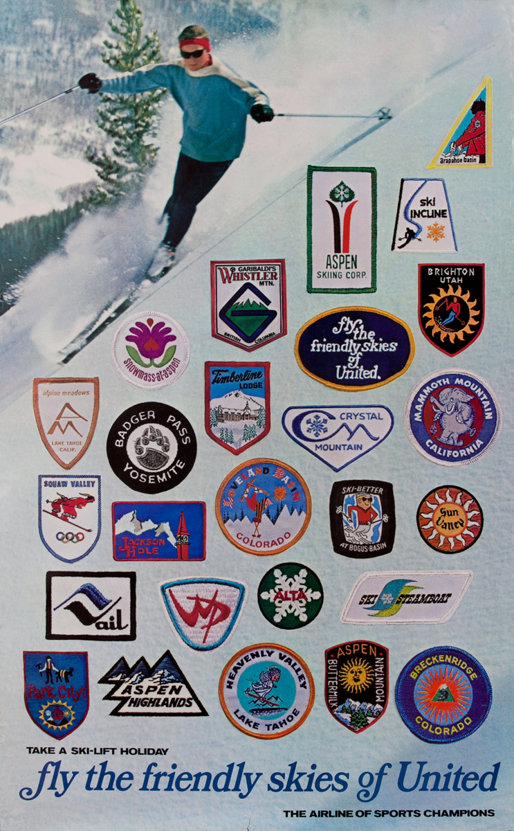 fly the friendly skies of United, Travel Poster ski patches