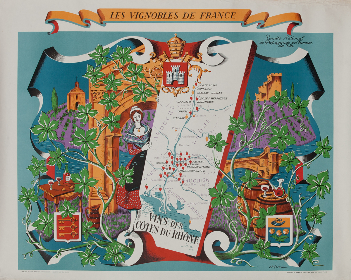 Vins des Cotes du Rhones - Les Vignobles de France Wine Region Poster