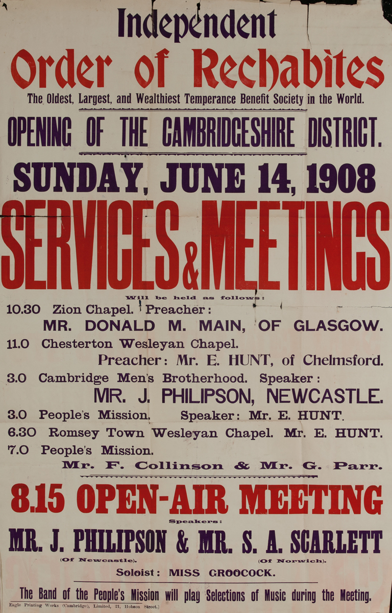 Independent Order of Rechabites Meeting Poster, Cambridgeshire District