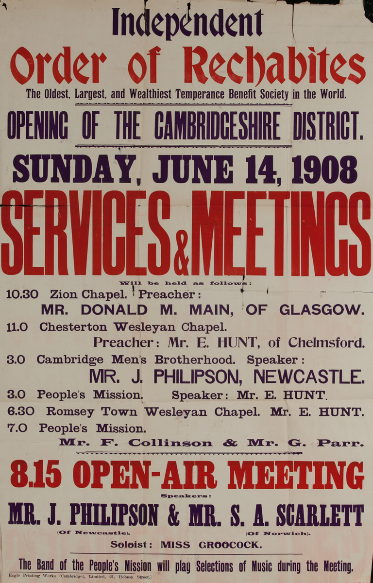 Independent Order of Rechabites Meeting Poster, Cambridgeshire District