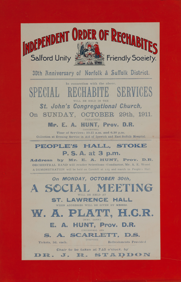 Independent Order of Rechabites Meeting Poster, Salford Unity Friendly Society