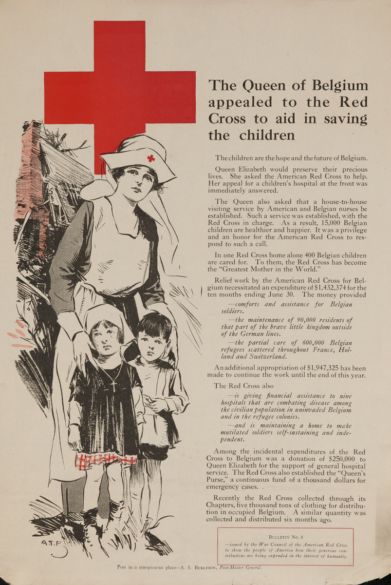 World War One Red Cross Poster - The Queen of Belgium had appealed to the Red Cross to aid in saving the children