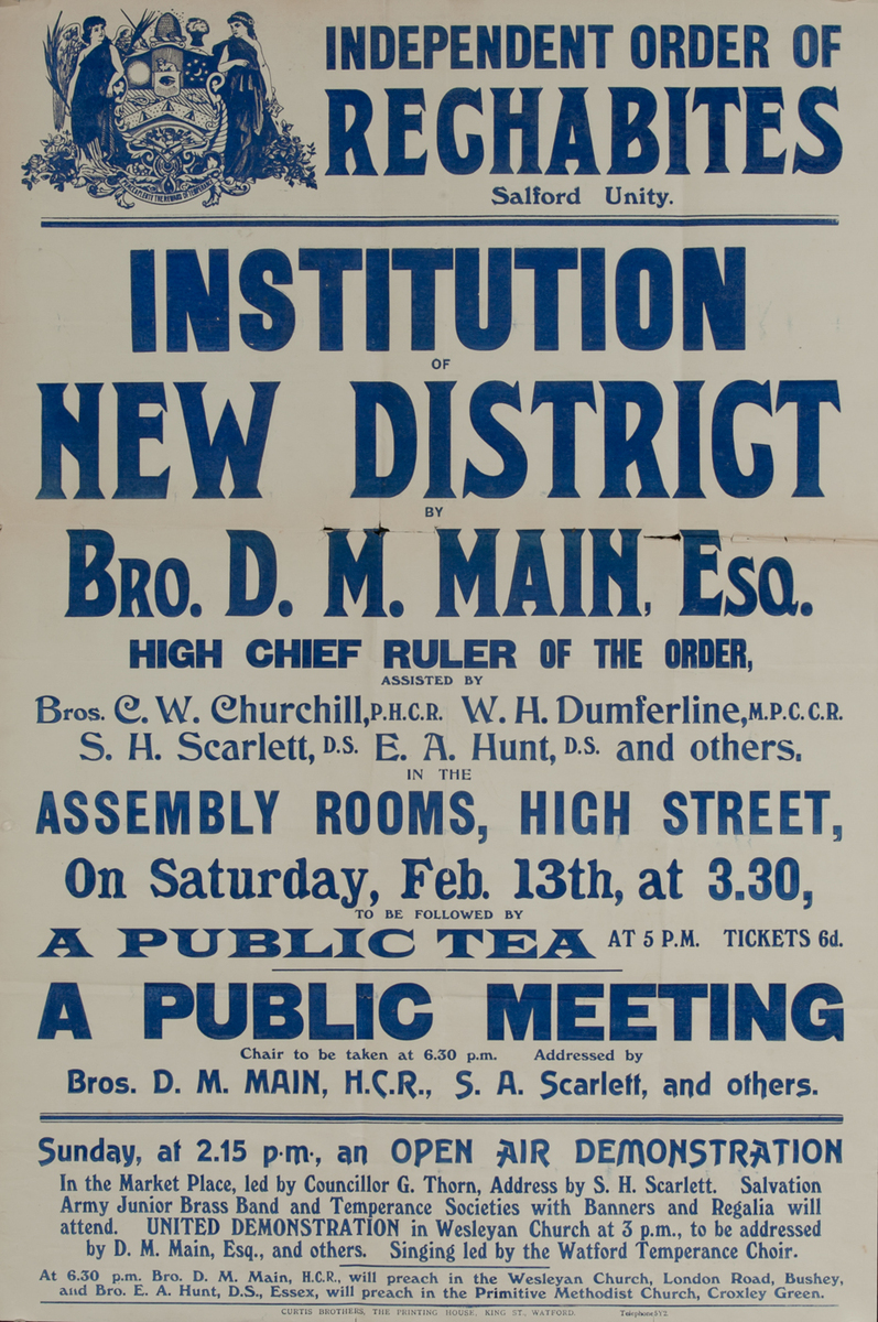 Independent Order of Rechabites Meeting Poster, Salford Unity,  Institution New District