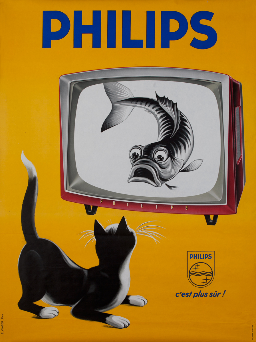 Philips - C'est Plus Sur! French Television Advertising Poster, cat watching fish on TV