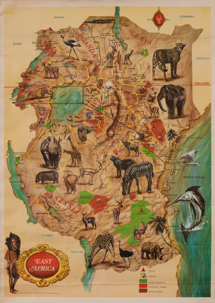 East African Wild Life Society Animal Conservation Poster East Africa Map
