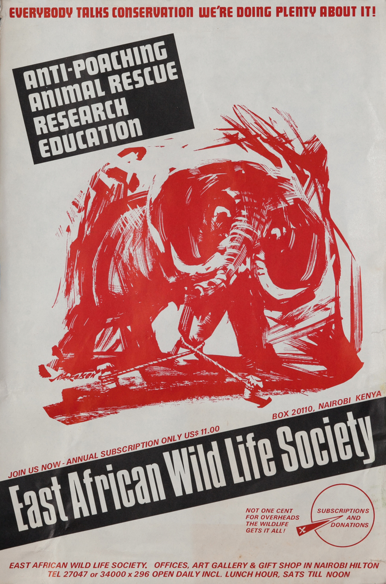 East African Wild Life Society Animal Conservation Poster, elephant (red)