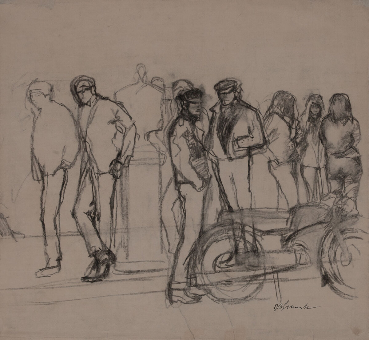 Charcoal sketch group with motorcycle