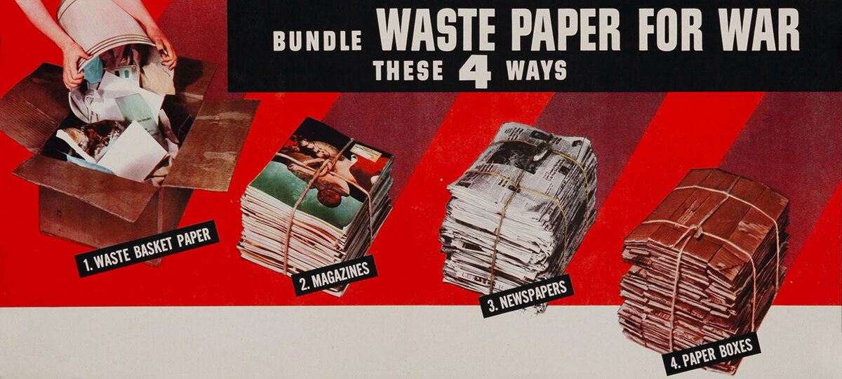 Bundle Waste Paper these 4 Ways, WWII Conservation Poster