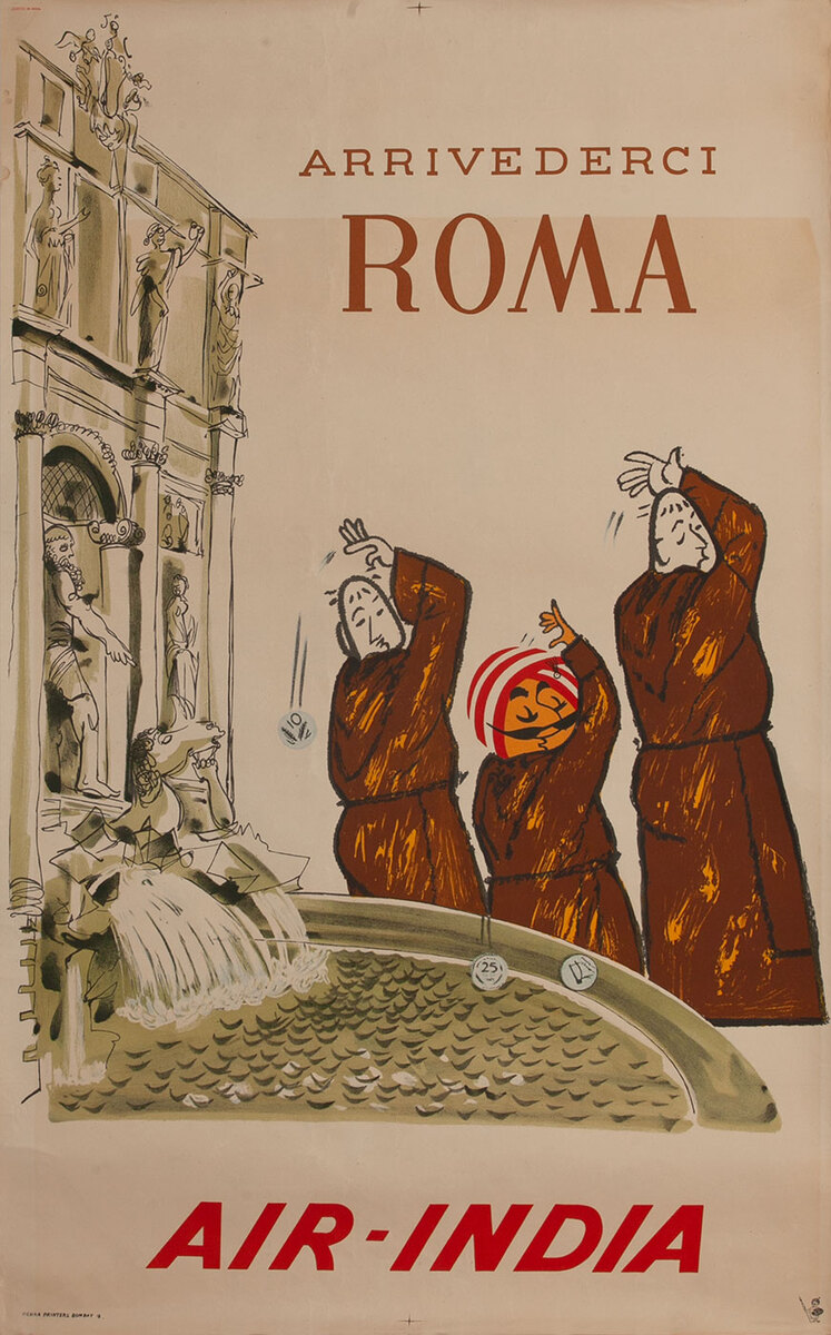 Arrivederci Roma, Air India Travel Poster, Trevi Fountain