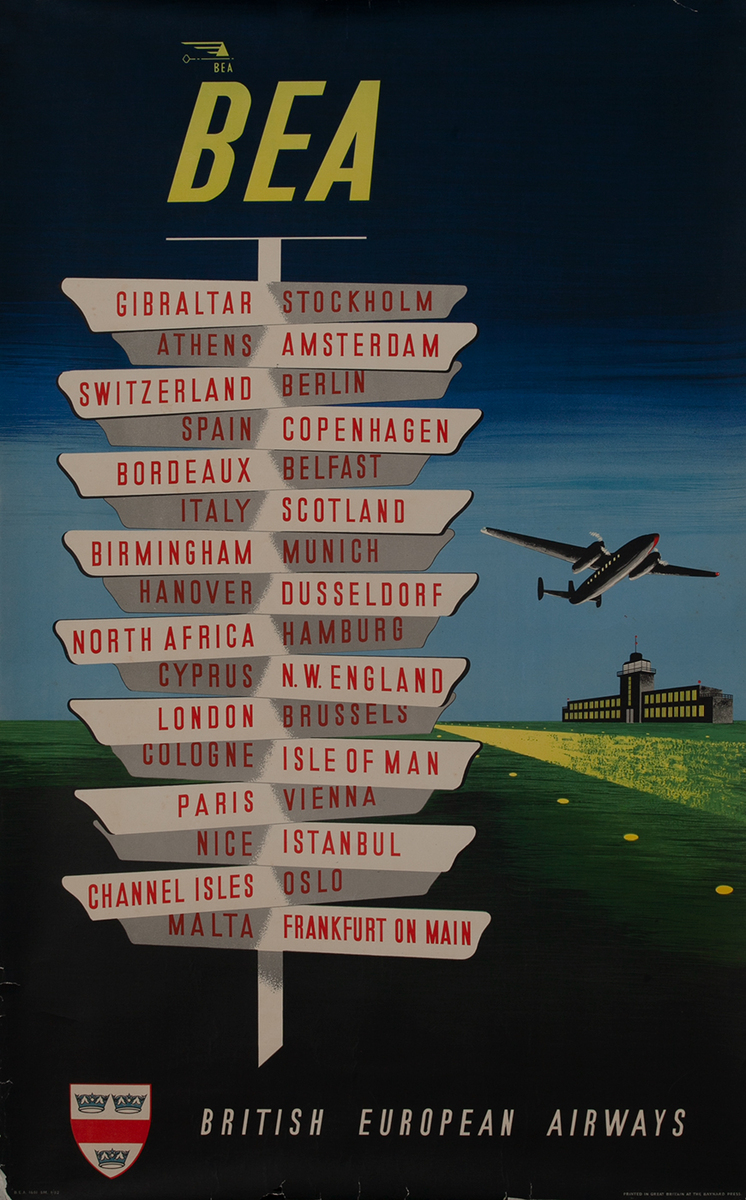 BEA British European Airways Travel Poster, Sign Posts