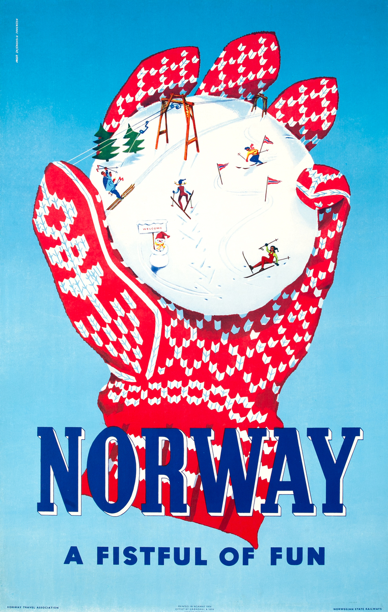 Norway A Fistful of Fun Original Ski Travel Poster 